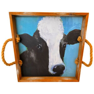 Rustic Farmhouse Cow Tray Distressed Wood Frame Jute Handle Turquoise Ba…